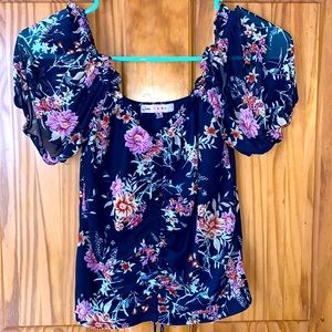 Blue floral off the shoulder shirt